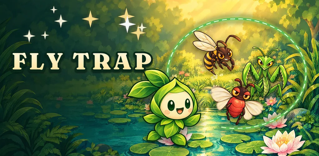 Fly Trap: a leafy sprout guarding a pond garden from a wasp and a fly